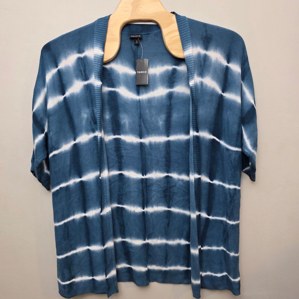 Torrid Blue White Tie‎ Dye Open Front Short Sleeve Cardigan Sweater Women 2X New